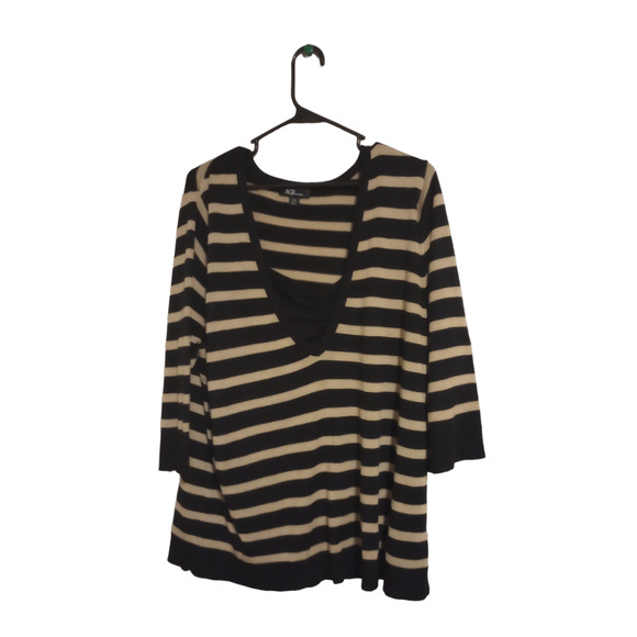 AGB Long Sleeve Striped V Neck Knit Sweater Top Size 2X Black & Brown 28"L - Picture 1 of 3